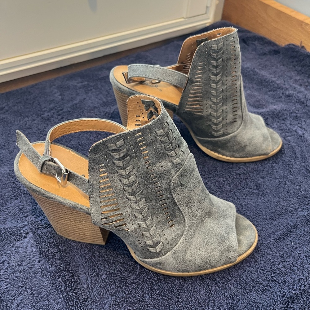 Gunmetal grey Cupid heels, these are backless ankle boots